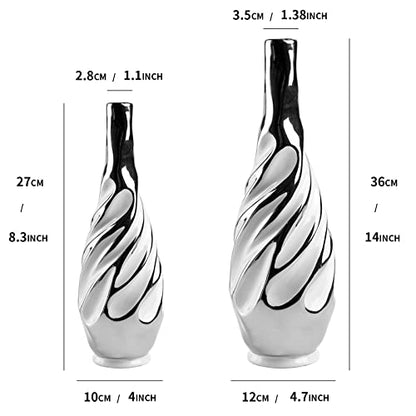 Yundu Ceramic Vase Set of 2, White with Silver, Modern Home Décor, Living Room, Dried Flowers, 14x6x6 inches - color: White With Silver
