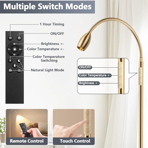Reading Floor Lamp, 72" LED Dimmable Lamp with Gooseneck,Zoomable Spotlight | Adjustable Color Beam Standing Lamp, Touch & Remote Control, Task Craft, Sewing, Bedroom Living Room, Office, Antique Brass - color: Antique Brass