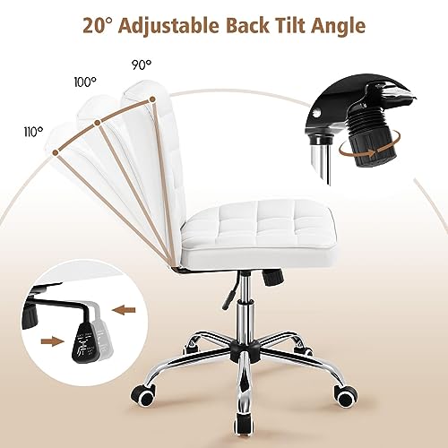Yaheetech White Tufted Armless Office Desk Chair with Wheels, Faux Leather | Thick foam cushioned seat tilts back to relax, lifts 18-22 in, spins 360 degrees, holds 300 lb, and assembles with ease. - color: White