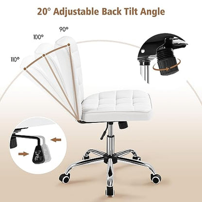 Yaheetech White Tufted Armless Office Desk Chair with Wheels, Faux Leather | Thick foam cushioned seat tilts back to relax, lifts 18-22 in, spins 360 degrees, holds 300 lb, and assembles with ease. - color: White