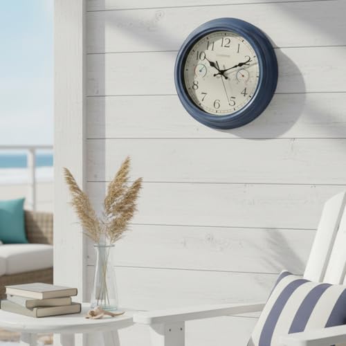 Crosstime 12 Inch Outdoor Clock Waterproof with Thermometer & Hygrometer – Silent Retro Wall Clock for Patio, Pool, Porch, Backyard, Bathroom – Blue - color: 12" Blue
