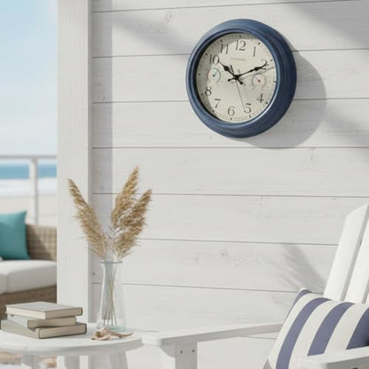Crosstime 12 Inch Outdoor Clock Waterproof with Thermometer & Hygrometer – Silent Retro Wall Clock for Patio, Pool, Porch, Backyard, Bathroom – Blue - color: 12" Blue