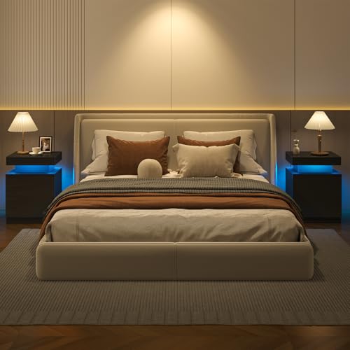 Nightstands Set of 2, 17.7 Inches LED Night Stand Set 2 with Power Outlets, Bedside Table with Sliding Top Storage, Modern End Table for Bedroom, Black - color: Black-17.7"