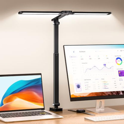 LED Desk Lamp for Office Home, Architect Desk Light with Clamp, Black | Height Adjustable Eye Caring Stepless Dimming Desk Lamp for Reading, Study, Workbench, 50 Lighting Models