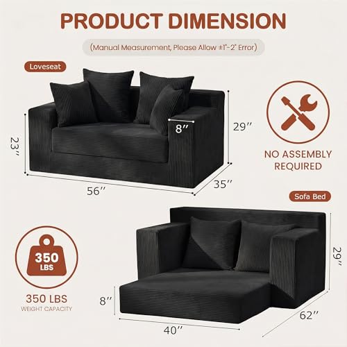 Convertible Sofa Bed, 5 in 1 Small Boneless Couch Pull Out Loveseat Sleeper Sofa,Corduroy Futon Couch Folding Mattress with 4 Pillows for Living Room (Black01, Loveseat)