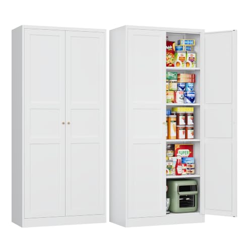 White Storage Cabinet with Adjustable Shelves-Metal Home Kitchen Pantry Cabinets with Doors,Organization Locker for Cupboard/Bedroom/Dining/Living/Bathroom/Office/Garage Room - color: White, size: 16"D x 32"W x 71"H-B