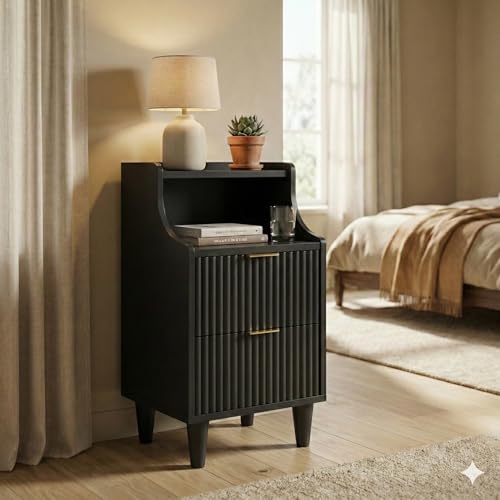 11.8" Narrow Fluted Nightstand Set of 2,Slim Side End Table with 2 Drawers,Black Modern Bedside Table,Skinny Night Stand for Bedroom,Small Space - color: Black