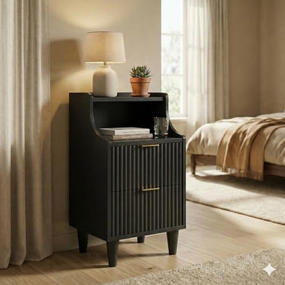 11.8" Narrow Fluted Nightstand Set of 2,Slim Side End Table with 2 Drawers,Black Modern Bedside Table,Skinny Night Stand for Bedroom,Small Space - color: Black