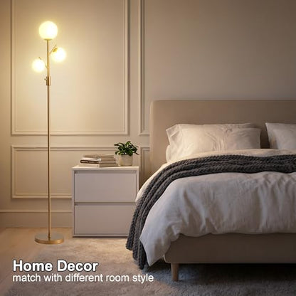 Fiqevs Mid Century Modern 3 Globe Tree Floor Lamp - Dimmable LED Standing Lamp with Bulbs, Warm Light for Living Room Bedroom Office - Antique Brass/Gold - color: 3 Globe Tree- Gold