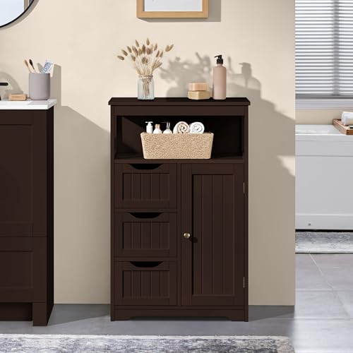 Yaheetech Freestanding Bathroom Storage Cabinet with 3 Drawers, Espresso | Slim Floor Cabinet Organizer for Bathroom, Living Room or Entryway, Beadboard Fronts, an Open Cubby, Adjustable MDF Shelf - color: Espresso, size: 12"D x 22"W x 34"H