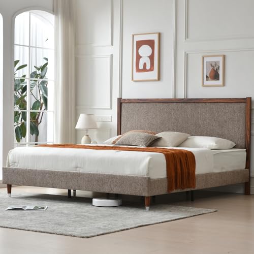 YUHUASHI King Upholstered Platform Bed Frame with Solid Wood Trim Headboard, Linen Fabric Upholstery, Sturdy Slat Support No Box Spring Needed, Easy Assembly (Coffee, King (U.S. Standard)) - color: Coffee, size: King (U.S. Standard)