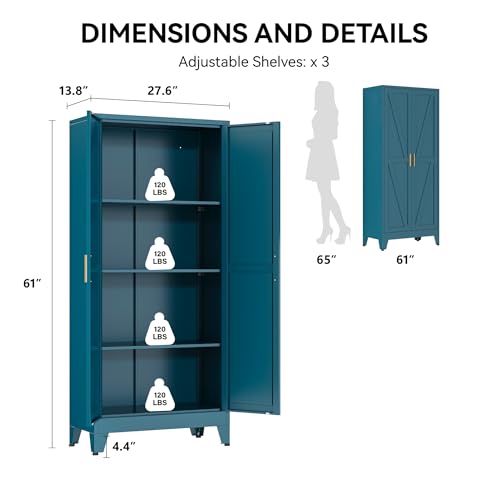 COFaR 61" Metal Pantry Cabinet in Peacock Blue, Farmhouse Storage Cabinet with Adjustable Shelves, Sturdy Freestanding Cupboard for Kitchen Organization, Bathroom & Living Room - color: Peacock Blue, size: 61"H 4 Tiers