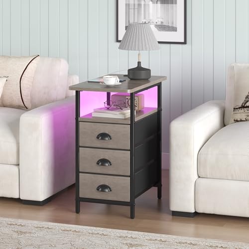 sthmec End Table with Charging Station,LED Side Tables with USB Ports and Outlets,Narrow Nightstands Bedside Tables with 3 Drawers for Small Space,Slim Sofa Table for Livingroom,Grey - color: Grey, size: 11.75'' W*21'' D* 24.3'' H, style: Power & LED