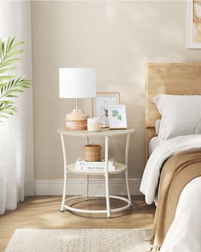VASAGLE 21.7-Inch Round Side Table, 2-Tier End Table | Nightstand with Steel Frame, Spacious Top, for Small Spaces, Living Room, Bedroom, Natural Beige ULET056N01 - color: Natural Beige, style: Without Power Strip