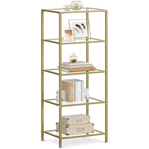 VASAGLE Bookcase, 5-Tier Bookshelf, Slim Shelving Unit for Bedroom, Bathroom, Home Office, Tempered Glass, Steel Frame, Metallic Gold ULGT029A01 - color: Metallic Gold, size: 5 Tiers (15.7"W x 49"H)