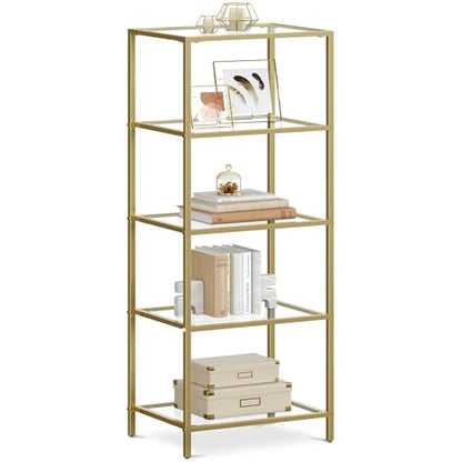 VASAGLE Bookcase, 5-Tier Bookshelf, Slim Shelving Unit for Bedroom, Bathroom, Home Office, Tempered Glass, Steel Frame, Metallic Gold ULGT029A01 - color: Metallic Gold, size: 5 Tiers (15.7"W x 49"H)