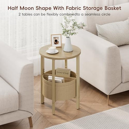 Small Round Side Table End Table, Tall Accent Table with Storage Basket, Set of 2 Half Round Tables Half Moon Tables, Coffee Bedside Tables, Modern Nightstand for Living Room Bedroom,Natural - color: Natural Walnut