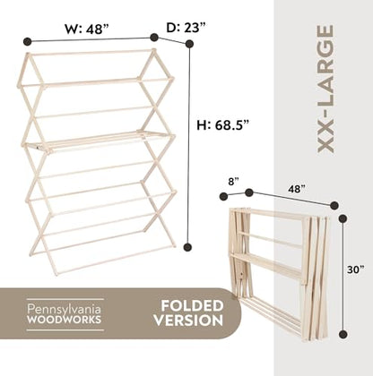 Clothes Drying Rack: Solid Maple Hard Wood Laundry Rack for Blankets, Towels, Bedding & More, Heavy Duty Folding Drying Rack, Made in USA, No Assembly Needed, XXLarge - color: Xx-large