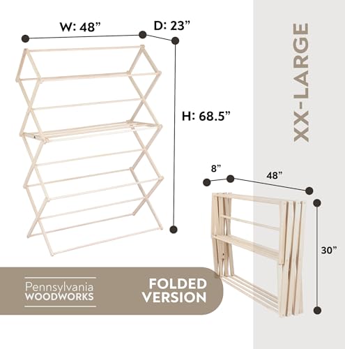 Clothes Drying Rack: Solid Maple Hard Wood Laundry Rack for Blankets, Towels, Bedding & More, Heavy Duty Folding Drying Rack, Made in USA, No Assembly Needed, XXLarge - color: Xx-large