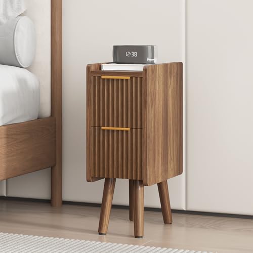 7.9" Narrow Fluted Nightstand Set of 2, 20.6" H Small Side Table, Walnut | Compact Design for Small Spaces, 2 Drawers, Wood Grain Finish, Perfect as Bedside Table, End Table or Small Bedrooms - color: Walnut-2 Pcs