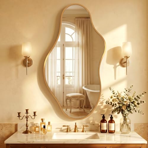 Bathroom Mirror for Over Sink-Gold Room Decor Wall Mirror 20"x 36" | Irregular Wall Mirror - Asymmetrical Abstract Mirror Unique for Bedroom, Living Room, Cloakroom, Entryway - color: Rose Gold, size: 20"L x 36"W