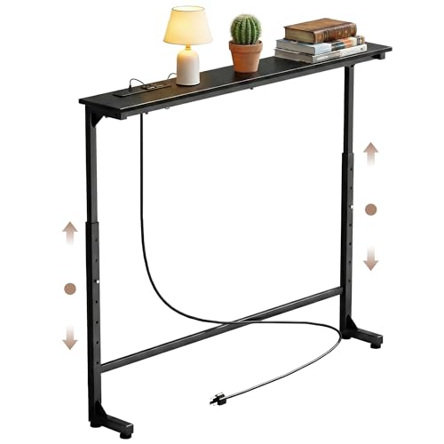 Adjustable Height Narrow Sofa Table with Built-in Power Outlets, 39" Long Console Table Behind Couch Table with Charging Station Skinny Entryway Table for Living Room & Hallway (Black) - color: Black, size: 39IN