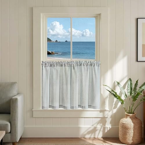 jinchan Striped Linen Kitchen Tier Curtains, 24 Inch, Aqua Blue, 2 Panels | Light-filtering linen blend tiers with rod pockets, adding breezy coastal style to kitchens, bathrooms and small windows. - color: Rod Pocket Aqua Blue, size: 26"W x 24"L (Pack of