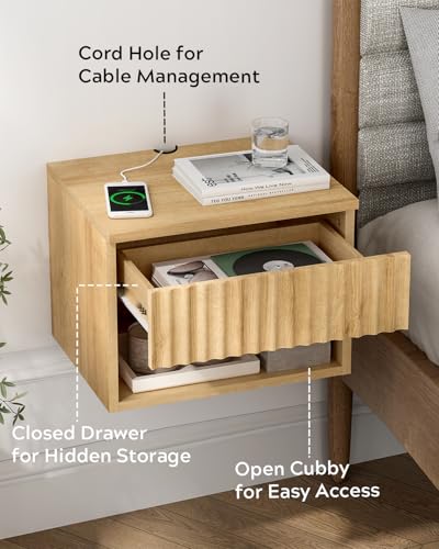 Small Floating Nightstand Set of 2, Modern Fluted Night Stand with Drawer and Open Storage Shelf Wall Mounted Bedside Tables Natural Oak - color: Natural Oak, size: 2 PCS