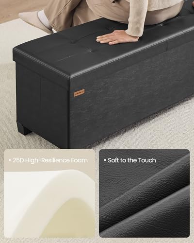 SONGMICS Storage Ottoman Bench with Legs, Folding Ottoman Foot Rest with Flipping Lid, Bench with Storage, for Living Room, Bedroom, Entryway, Synthetic Leather, 43.3 Inches, Ink Black ULSF085BH01 - color: Black, style: with Flipping Lid