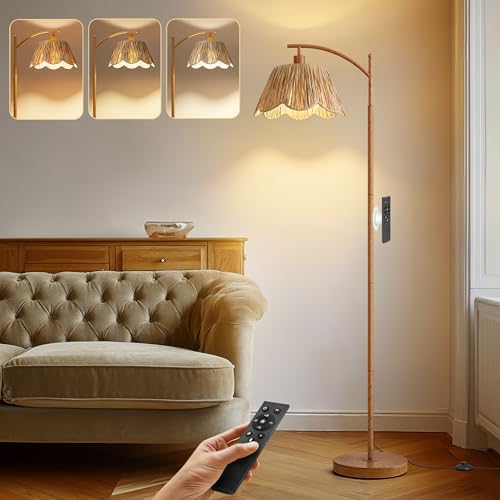 Boho Floor Lamp for Living Room with Remote & Dimmable Bulb, Farmhouse Floor Lamps with 3 Color Temperatures, Rattan Floor Lamp for Bedroom, Walnut - color: Light Walnut