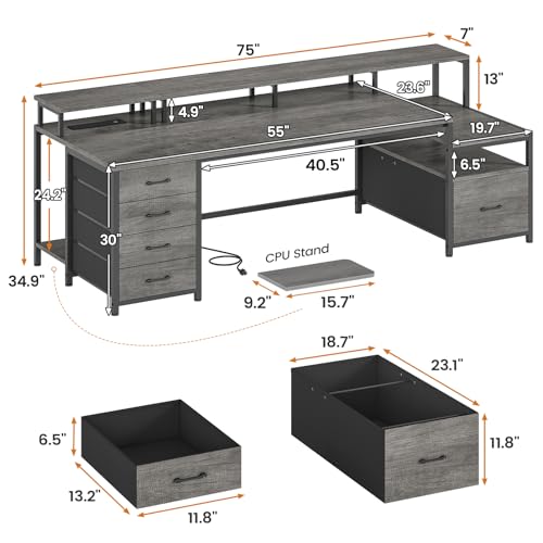 SEDETA 75'' Large Home Office Desk with 5 Drawer, Power Outlet, File Drawer | 23.6" W Desktop Computer Desk with Storage Shelves, Monitor Shelf, Led Lights, for Home Office, Dorm, Gaming Room, Grey - color: Grey, size: 75X23.6inch