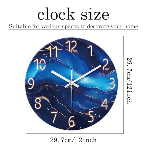 Glass Wall Clocks Battery Operated 12 Inch | Blue Marble Wall Clock for Kitchen Bedroom Office Abstract Analog Silent Wall Clock Non Ticking - color: Blue1, size: 12 Inch
