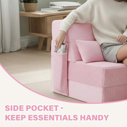 Convertible Folding Sofa Bed Mattress with Pillow & Side Pocket, Plush Fabric Floor Mattress Couch Bed, Washable Cover, Twin Size, Pink - color: Plush Pink, size: Twin Size