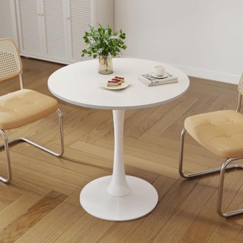 27.5" White Round Small Dining Table with MDF Top & Metal Pedestal Base | Fully Eco-Friendly Painted, Smooth Waterproof Surface, Modern Accent Table for Cafe & Home