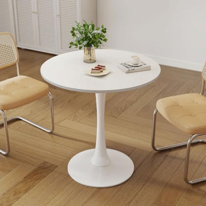 27.5" White Round Small Dining Table with MDF Top & Metal Pedestal Base | Fully Eco-Friendly Painted, Smooth Waterproof Surface, Modern Accent Table for Cafe & Home