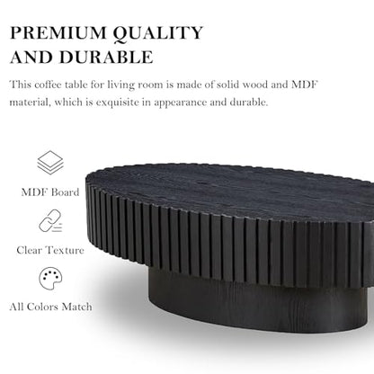 Oval Fluted Drum Coffee Table with Pedestal Base | 43.3'' Modern Black Wooden Drum Center Table, Handcrafted Solid Wood Fluted Edge, For Living Room & Apartment - color: Oval Black