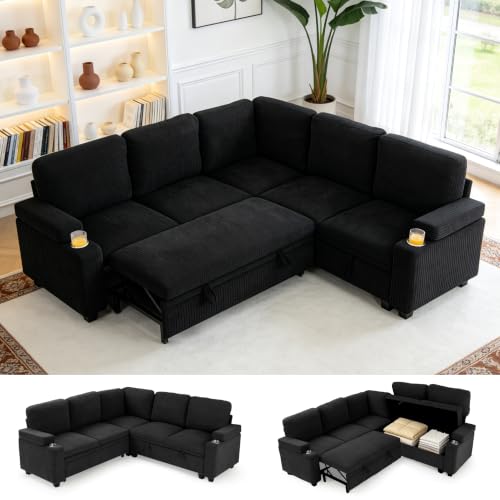 85" Modular Sectional Sofa Bed with Cup Holders, L-Shaped Pull Out Couch | VIKAYAMICS Sleeper Sofa with Storage, Modern Corduroy Sectional Couches for Living Room, Apartment (Dark Navy, 5 Seat) - color: Dark Navy, size: 85 inch