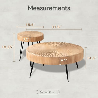 COZAYH 2-Piece Nesting Coffee Table - Round Table - Modern Farmhouse | Solid Pine Veneer Top, Black Metal Legs, Radial Wood Grain, Large 31.5 x 31.5 x 14.2 in, Small 15.7 x 15.7 x 18.4 in - color: Radial Pattern