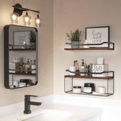 Floating Shelves with Wire Storage Basket, Bathroom Shelves Over Toilet with Protective Metal Guardrail, Wood Wall Shelves for Bathroom, Bedroom, Living Room, Toilet Paper- Dark Brown - color: Dark Brown