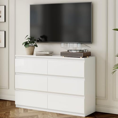 White 6 Drawer Dresser for Bedroom 47" Wide Closet Storage | Wood Dresser, Modern High Gloss, Handle-Free, for Entryway|TV Stand|Living Room - size: 15.4"D x 47.2"W x 32.3"H (6 Drawers)