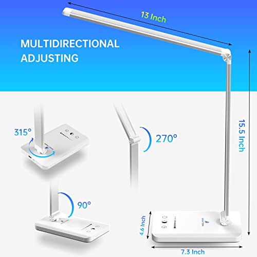 Ambertronix LED Desk Lamp with USB Charging Port, Dimmable Eye-Caring Reading Desk Light for Home, with 5 Brightness Level & 3 Lighting Modes, Touch Control, Auto Timer (White) - style: Modern