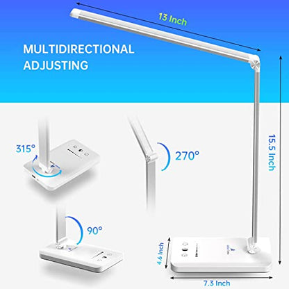 Ambertronix LED Desk Lamp with USB Charging Port, Dimmable Eye-Caring Reading Desk Light for Home, with 5 Brightness Level & 3 Lighting Modes, Touch Control, Auto Timer (White) - style: Modern