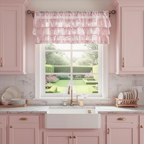 Kotile Pink Ruffle Lace Valance for Windows W52 x L18 Inch, 1 Panel | Rod Pocket, Frilled Lace Adds Volume, Controls Glare, Vintage Floral, Playful Romantic Style, Petite Ruffle Look, Privacy - color: Pink - Ruffle Lace