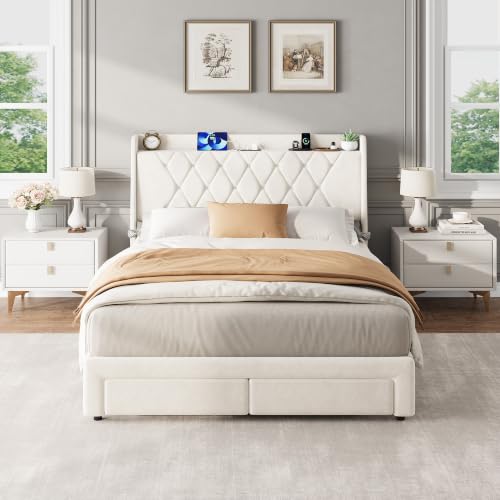Garvee Full Size Bed Frame with Storage, Velvet Upholstered Platform Bed Frame with Crystal Tufted Headboard, Charging Station, 2 Drawers, No Box Spring Needed, Noise-Free,for Bedroom, Ivory | Velvet Upholstered Platform Bed Frame with Crystal Tufted Head
