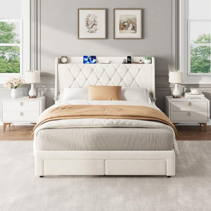Garvee Full Size Bed Frame with Storage, Velvet Upholstered Platform Bed Frame with Crystal Tufted Headboard, Charging Station, 2 Drawers, No Box Spring Needed, Noise-Free,for Bedroom, Ivory | Velvet Upholstered Platform Bed Frame with Crystal Tufted Head