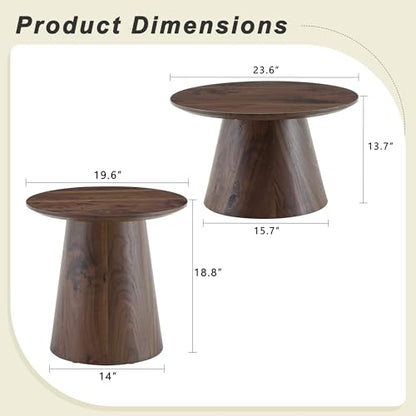 Walnut Coffee Table Set of 2, Mid Century Nesting Tables with Natural Walnut Grain Round Tabletop & Wooden Cone Base, Round Layered Low Profile Accent Tables Ideal for Living Room, APT, Small Space - color: Walnut Nesting Coffee Table