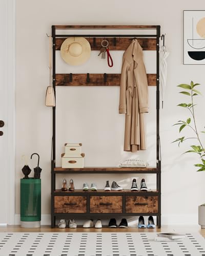 Hall Tree with Bench and Shoe Storage, Freestanding Entryway Coat Rack with 3 Fabric Drawers, 16 Hooks