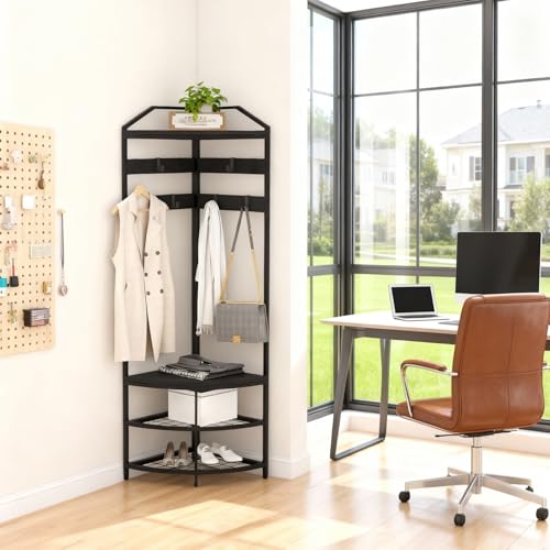 Black Freestanding Corner Coat Rack, Multi-use Metal Hall Tree with Mesh Storage Shelf, Anti-toppling Stable Clothes & Shoe Organizer for Entryway Bedroom Home Decor