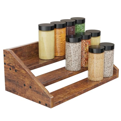 3 Tier Wood Spice Rack Organizer for Cabinet, Super Sturdy Display Riser Shelf Seasoning Organizer for Countertop Pantry Cupboard, Retro Storage Holder for Kitchen Condiment Jar Spice Container - color: Rustic Brown, 3 Tier