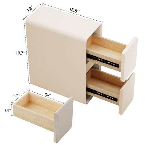 7.8" W Faux Leather Narrow Nightstand, Modern Fully-Assembled Bedside Table with 2 Drawers, Wood Night Stand Small Accent End Table & Side Table for Bedroom, Cream White - color: Cream, size: 8in